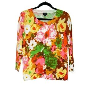 Talbots Vibrant Colorful Abstract Floral Print Cardigan Sweater Sz M